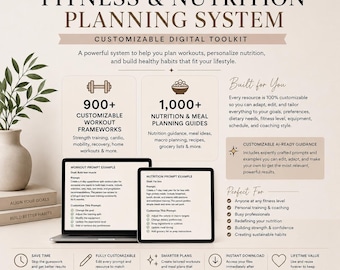 Può includere: Un kit di strumenti digitale per la pianificazione di fitness e nutrizione intitolato Axis & Ease. Il documento presenta testo che descrive oltre 900 schemi di allenamento e 1000 guide nutrizionali, con due schermi di laptop.