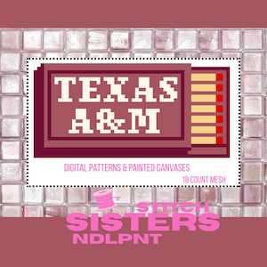 Puede incluir: Un diseño gráfico rectangular que muestra una ilustración de una caja de cerillas con el texto TEXAS A&M en fuente pixelada. Debajo, el texto dice DIGITAL PATTERNS & PAINTED CANVASES 18 COUNT MESH. Abajo incluye STITCH SISTERS NDLPNT.