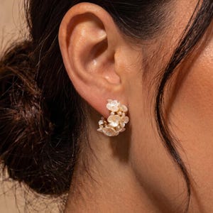 Floral Hoop Earrings, Mother of Pearl Flower Studs, Bridal Earrings, Sterling Silver Post, Bridesmaid Gift, Vintage Cute Gold Hoops