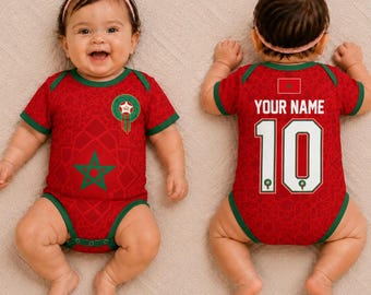 Benutzerdefinierte Marokko Baby Body, personalisierte Marokko Fußball Onesie, WM 2026 Baby Geschenk, benutzerdefinierte Name Anzahl Outfit