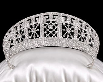 Luxury Silver Crystal Bridal Tiara Crown, Rhinestone Wedding Headpiece for Bride, Prom Pageant Queen