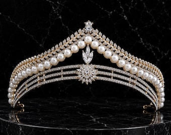 Princess Bridal Pearl Crown, Rhinestone Silver Tiara, Pageant Women Hair Band, Gift Her