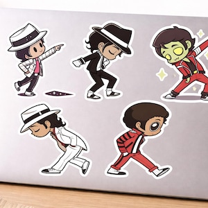 May include: A set of five vinyl stickers featuring cartoon-style characters in various dance poses. The designs include figures in white suits with fedoras, a black suit with a fedora, and a red jacket, all depicted in a stylized, chibi-inspired art form.