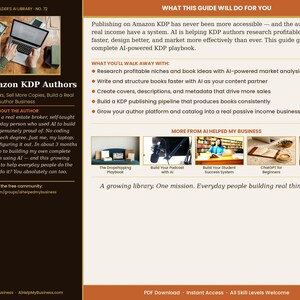 Pu&ograve; includere: Grafica promozionale per "AI for Amazon KDP Authors". L'immagine presenta un laptop, testo e un elenco di vantaggi. La guida promette di aiutare gli autori a pubblicare pi&ugrave; libri, vendere pi&ugrave; copie e costruire una vera attivit&agrave; di autore utilizzando l'IA.