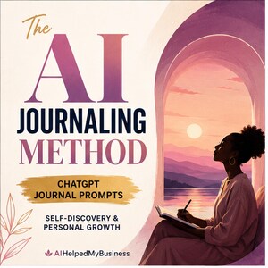 K&ouml;nnte beinhalten: Eine digitale Grafik mit dem Text The AI Journaling Method, ChatGPT Journal Prompts und Self-Discovery & Personal Growth. Eine Illustration zeigt eine Person, die in ein Tagebuch schreibt, w&auml;hrend sie an einem Bogenfenster sitzt.