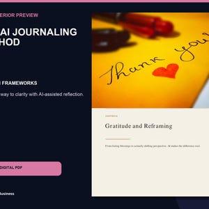 K&ouml;nnte beinhalten: Ein digitales Dokument mit dem Titel The AI Journaling Method auf dunklem Hintergrund mit einer wei&szlig;en Seitenvorschau. Die Vorschau zeigt ein gelbes Papier mit dem handschriftlichen Text Thank you und einem roten Herz sowie dem Kapiteltitel Gratitude and Reframing.