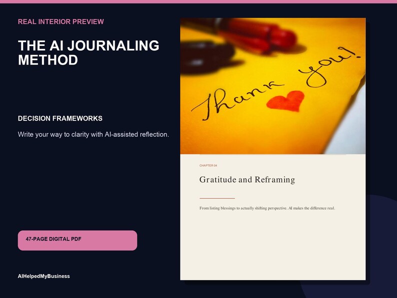 K&ouml;nnte beinhalten: Ein digitales Dokument mit dem Titel The AI Journaling Method auf dunklem Hintergrund mit einer wei&szlig;en Seitenvorschau. Die Vorschau zeigt ein gelbes Papier mit dem handschriftlichen Text Thank you und einem roten Herz sowie dem Kapiteltitel Gratitude and Reframing.