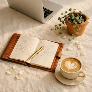 May include: A tranquil still life with a laptop, a brown leather journal with a gold pen, a small potted plant, and a coffee cup with heart-shaped latte art. The journal is open to handwritten notes. White petals are scattered around.