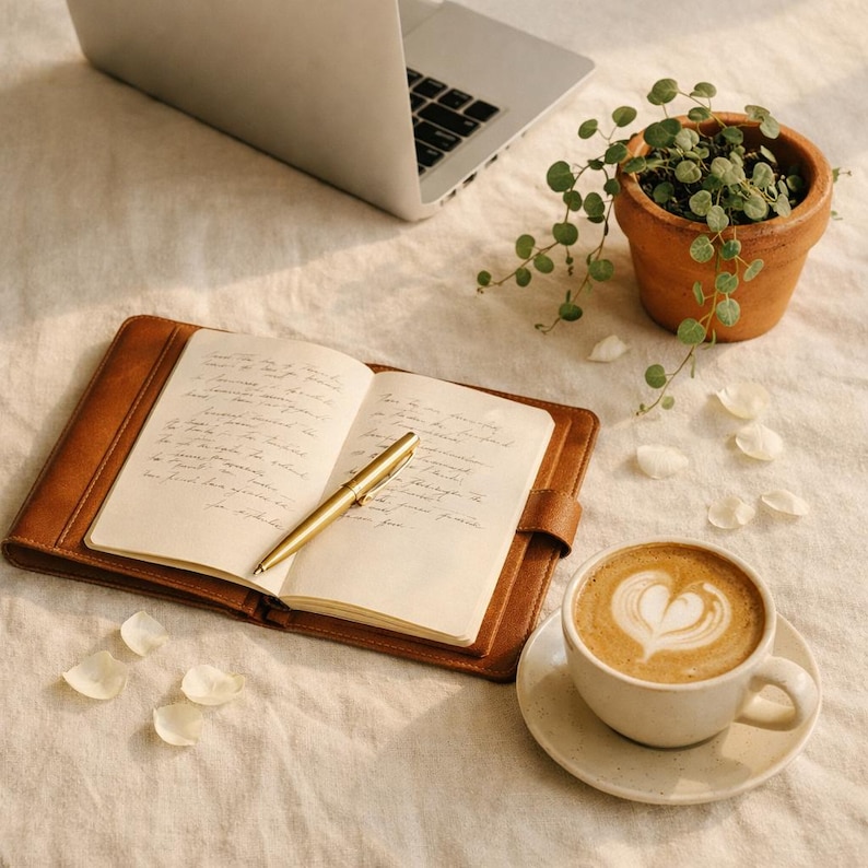 May include: A tranquil still life with a laptop, a brown leather journal with a gold pen, a small potted plant, and a coffee cup with heart-shaped latte art. The journal is open to handwritten notes. White petals are scattered around.