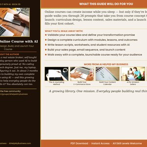 K&ouml;nnte beinhalten: Buchcover mit dem Titel "Build Your Online Course with AI" und dem Untertitel "26 Prompts to Design, Build, and Launch Your Course". Das Cover zeigt einen Laptop und H&auml;nde. Das Buch soll Menschen helfen, mit KI reale Dinge zu erstellen.