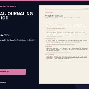 K&ouml;nnte beinhalten: Ein 47-seitiges digitales PDF mit dem Titel The AI Journaling Method, das einen dunklen Hintergrund mit wei&szlig;em Text und eine cremefarbene Seitenvorschau zeigt. Die Seite enth&auml;lt Starter-Prompts f&uuml;r schwere Tage, einschlie&szlig;lich Abschnitten zu Wut, Angst und Trauer.