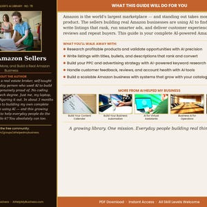 May include: A digital guide titled "AI for Amazon Sellers" with text and images. The guide promises to help users rank higher, sell more, and build a real Amazon business. It includes a photo of two people working on a laptop.