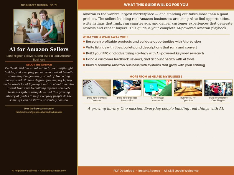 May include: A digital guide titled "AI for Amazon Sellers" with text and images. The guide promises to help users rank higher, sell more, and build a real Amazon business. It includes a photo of two people working on a laptop.