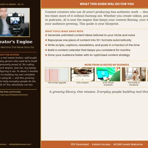 K&ouml;nnte beinhalten: Digitaler Ratgeber mit dem Titel "The Creator's Engine" und dem Slogan "Build a Content Machine That Never Runs Dry". Der Ratgeber verspricht, Content-Erstellern zu helfen, KI zu nutzen, um Ideen zu generieren, Inhalte wiederzuverwenden und ihr Publikum zu vergr&ouml;&szlig;ern. Enth&auml;lt ein Foto einer Person mit einer Kamera.