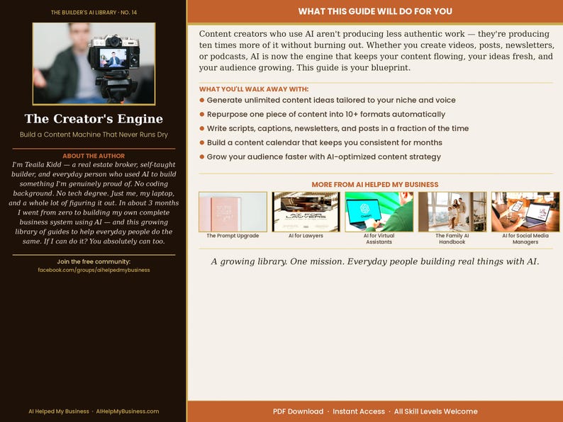 K&ouml;nnte beinhalten: Digitaler Ratgeber mit dem Titel "The Creator's Engine" und dem Slogan "Build a Content Machine That Never Runs Dry". Der Ratgeber verspricht, Content-Erstellern zu helfen, KI zu nutzen, um Ideen zu generieren, Inhalte wiederzuverwenden und ihr Publikum zu vergr&ouml;&szlig;ern. Enth&auml;lt ein Foto einer Person mit einer Kamera.