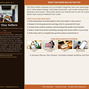 K&ouml;nnte beinhalten: Digitaler Ratgeber "AI for Etsy Sellers" in Braun und Wei&szlig;. Er bietet Ratschl&auml;ge zur Verwendung von KI zur Verbesserung von Etsy-Listings, zur Suche nach Keywords und zur Erstellung von Inhalten. Der Ratgeber enth&auml;lt Bilder und Text.