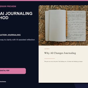 K&ouml;nnte beinhalten: Ein digitales Dokument mit dem Titel The AI Journaling Method, Conversation Journaling, 47-page digital PDF. Es zeigt ein offenes Notizbuch mit handschriftlichem Text und einem Holzstift auf marmoriertem Hintergrund sowie das Kapitel Why AI Changes Journaling.