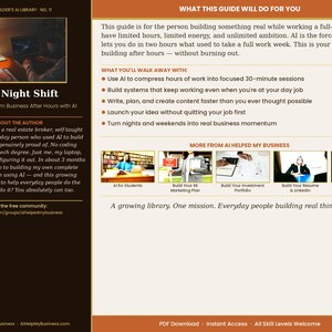 May include: Promotional image for "The Night Shift," a guide to building a business after hours with AI. The cover shows a person working on a laptop. The guide promises to help users compress work hours and launch ideas. Part of the AI Helped My Business library, it offers instant access.