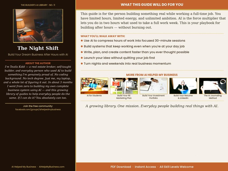 May include: Promotional image for "The Night Shift," a guide to building a business after hours with AI. The cover shows a person working on a laptop. The guide promises to help users compress work hours and launch ideas. Part of the AI Helped My Business library, it offers instant access.