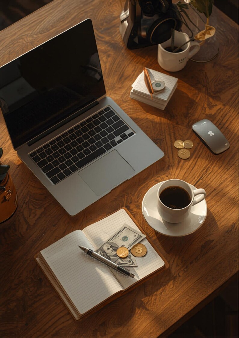 K&ouml;nnte beinhalten: Ein Laptop, eine Kaffeetasse und ein Notizbuch mit Geld und M&uuml;nzen liegen auf einem Holzschreibtisch. Eine kabellose Maus und ein Stapel Notizbl&ouml;cke sind ebenfalls vorhanden. Die Szene deutet auf einen Arbeitsplatz oder ein Homeoffice hin.