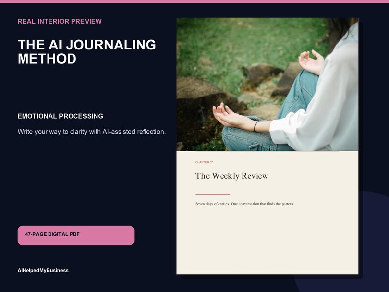 K&ouml;nnte beinhalten: Ein digitales PDF-Dokument mit dem Titel The AI Journaling Method, das einen Abschnitt zur emotionalen Verarbeitung enth&auml;lt. Die Seite zeigt den Text The Weekly Review und Seven days of entries. One conversation that finds the pattern, sowie ein Bild einer Person, die im Freien in einem wei&szlig;en Hemd und blauen Jeans meditiert.