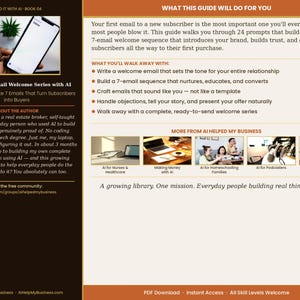 May include: A book cover with the title "Build Your Email Welcome Series with AI." The cover features a smartphone displaying a website. The text includes information about email marketing and AI.