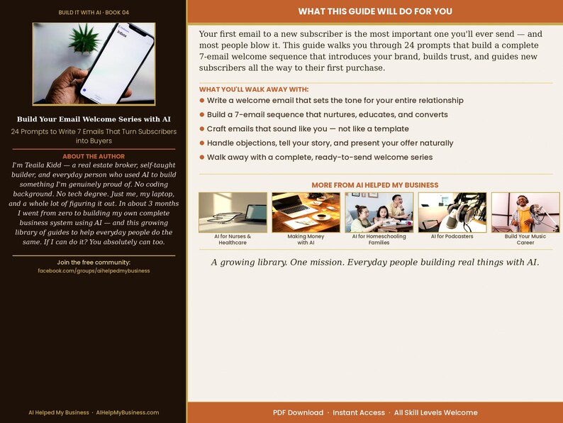 May include: A book cover with the title "Build Your Email Welcome Series with AI." The cover features a smartphone displaying a website. The text includes information about email marketing and AI.