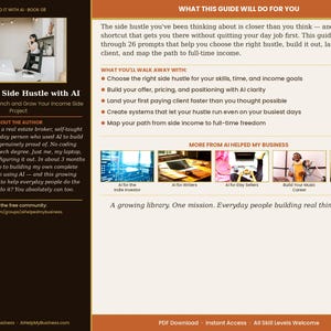 May include: A book cover for "Build Your Side Hustle with AI" featuring text and an image of a person using a laptop. The cover includes the author's name, Teaila Kidd, and information about the guide's content, focusing on launching and growing an income side project.