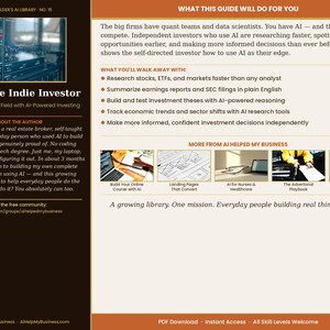 K&ouml;nnte beinhalten: Buchcover "AI for the Indie Investor" in Dunkelbraun und Orange. Das Cover zeigt Text und Bilder, die KI-gest&uuml;tztes Investieren bewerben. Der Ratgeber soll Investoren helfen, mit KI zu konkurrieren.