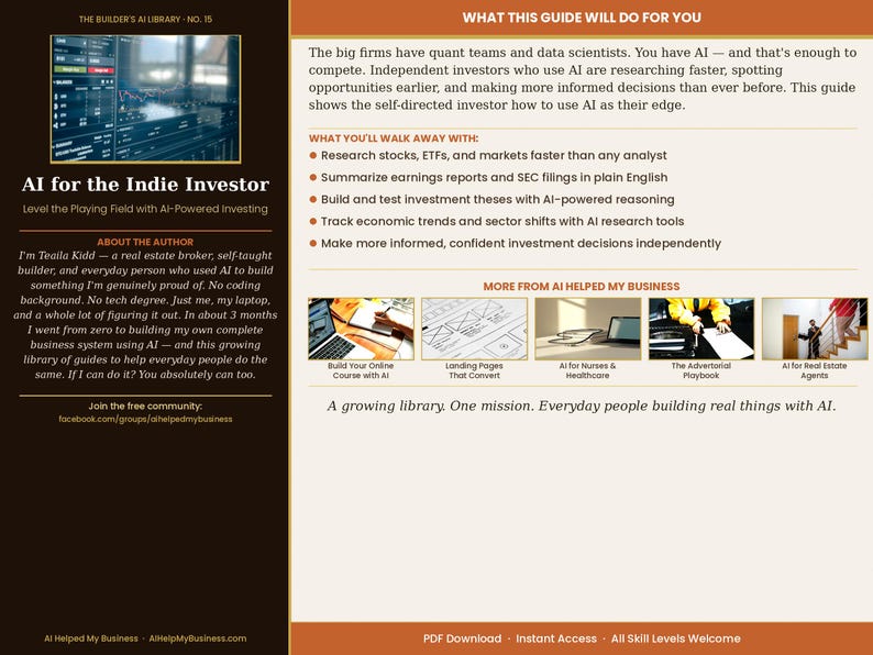 K&ouml;nnte beinhalten: Buchcover "AI for the Indie Investor" in Dunkelbraun und Orange. Das Cover zeigt Text und Bilder, die KI-gest&uuml;tztes Investieren bewerben. Der Ratgeber soll Investoren helfen, mit KI zu konkurrieren.