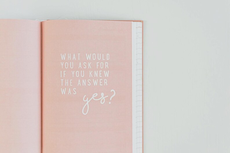以下が含まれることがあります： 明るいピンク色の表紙の開いたジャーナル。テキスト「WHAT WOULD YOU ASK FOR IF YOU KNEW THE ANSWER WAS yes?」が白で印刷されています。ジャーナルのページには罫線があり、製本が見えます。