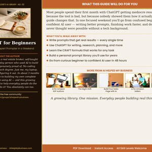 May include: A book cover titled "ChatGPT for Beginners" with text and images. The cover includes a photo of a laptop, notebook, and coffee. The guide promises to take users from zero to expert in a weekend. The book is part of "The Builder's AI Library".
