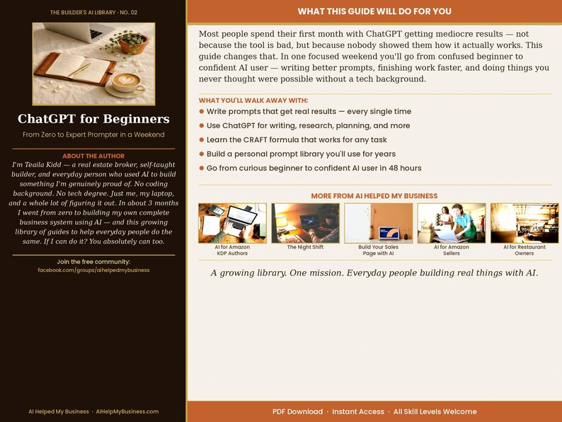 May include: A book cover titled "ChatGPT for Beginners" with text and images. The cover includes a photo of a laptop, notebook, and coffee. The guide promises to take users from zero to expert in a weekend. The book is part of "The Builder's AI Library".