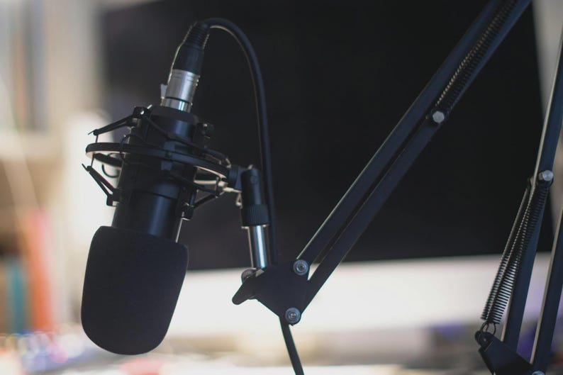 K&ouml;nnte beinhalten: Ein schwarzes Mikrofon mit Schaumstoffabdeckung ist an einem schwarzen, verstellbaren Arm befestigt. Das Mikrofon ist f&uuml;r die Aufnahme von Audio konzipiert. Der Hintergrund ist unscharf, was auf ein Studio oder einen Arbeitsplatz hindeutet.