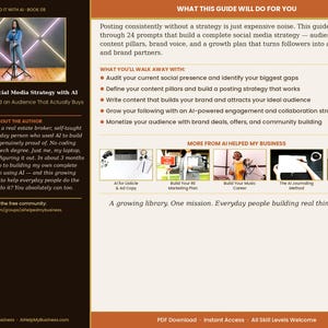 May include: A book cover titled "Build Your Social Media Strategy with AI" features a woman on a stage with a microphone. The cover includes text about building an audience and a guide to help everyday people. The book is part of a growing library.