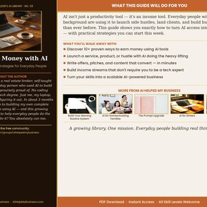 K&ouml;nnte beinhalten: Werbegrafik f&uuml;r "Making Money with AI" mit Laptop, Kaffeetasse und Notizblock. Der Text hebt Strategien f&uuml;r den Alltag hervor. Zus&auml;tzliche Abschnitte beschreiben den Autor, die Vorteile des Leitfadens und verwandte Ressourcen.