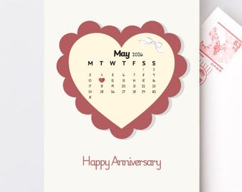 Tarjeta de calendario de aniversario editable, corazón con fecha personalizada, plantilla digital minimalista
