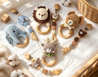 Customized Baby Animal Rattle & Pacifier Clip Set, The Perfect Gift For Newborns, Suitable For Boys And Girls, A Two-in-one Keepsake