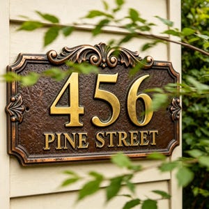 Op de afbeelding: Een rechthoekig huisnummerbord met een donkerbrons getextureerde achtergrond en verhoogde goudkleurige letters. Het bord toont het nummer 456 en de tekst PINE STREET, met decoratieve krullen aan de bovenkant en de zijkanten.