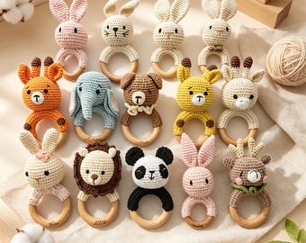 Baby rattles with customizable names and adorable animal designs. A perfect gift for new mothers and after your baby's birth.
