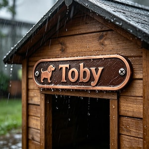 May include: A rectangular, copper-toned metal name plaque mounted on a wooden dog house. The plaque features the name Toby in raised lettering, accompanied by a small dog silhouette icon. The surface is wet with raindrops under a rainy sky.