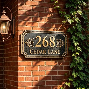May include: A rectangular house address plaque with a black textured background and gold-colored raised lettering and border. The plaque displays the number 268 and the text CEDAR LANE, accented with decorative gold scrollwork on the left and right sides.
