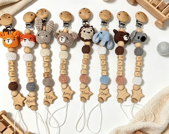 Custom Name Pacifier Clip – Cotton Crochet, Beech Wood Clip. Engraved Wood Bead. Modern Boho Baby Shower Gift for Newborns