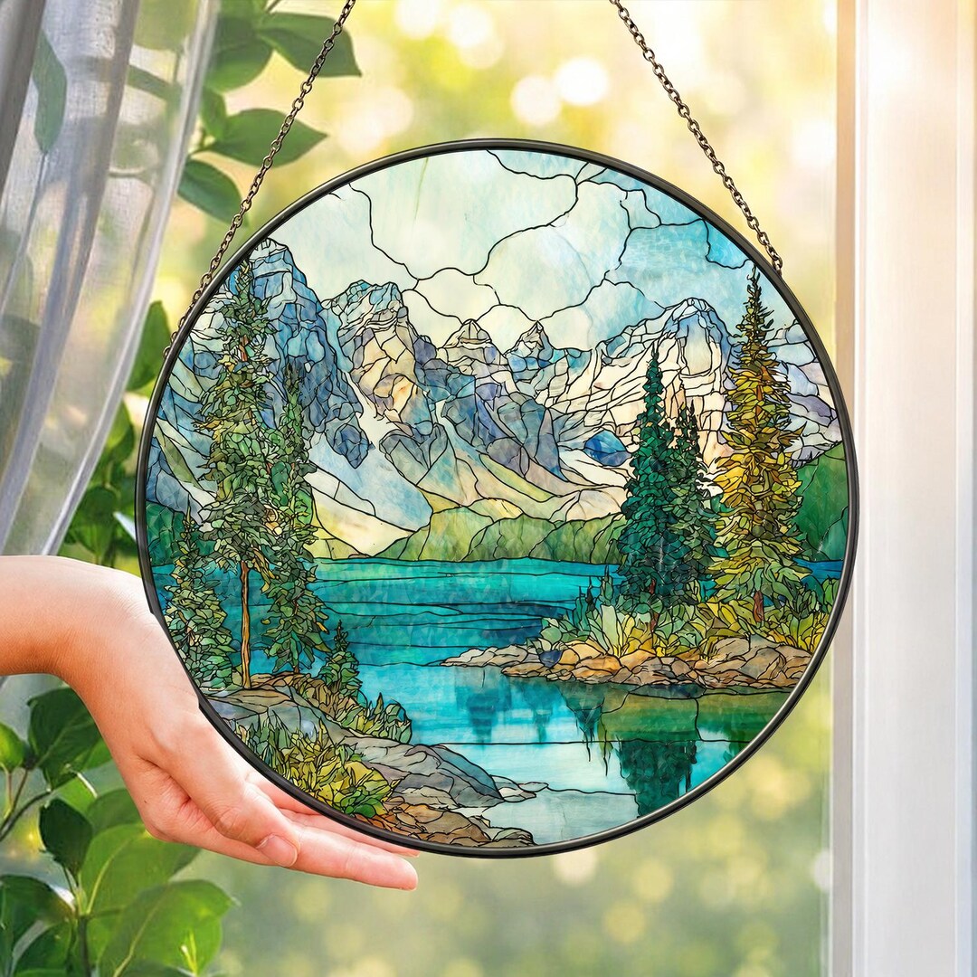 Alpine Lake Stained Glass Suncatcher, Mountain Lake Window Hanging - Etsy