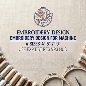 Puede incluir: Gr&aacute;fico de dise&ntilde;o de bordado con texto que dice "EMBROIDERY DESIGN" y "EMBROIDERY DESIGN FOR MACHINE". El dise&ntilde;o incluye cuatro tama&ntilde;os: 10 cm, 13 cm, 18 cm y 23 cm. La imagen tambi&eacute;n presenta un dise&ntilde;o floral y tijeras.