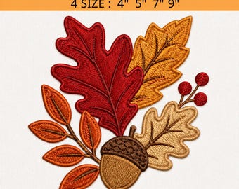 Autumn Leaf and Acorn Machine Embroidery File, Fall Harvest Digital Embroidery Design, Thanksgiving Pumpkin Leaves Embroidery Pattern