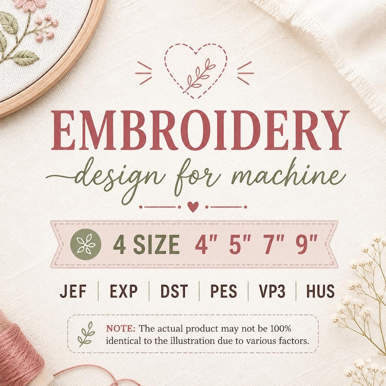 May include: An embroidery design for machine file listing featuring a heart icon, the text EMBROIDERY design for machine, and 4 sizes: 4", 5", 7", and 9". File formats include JEF, EXP, DST, PES, VP3, and HUS. A note states the product may vary.