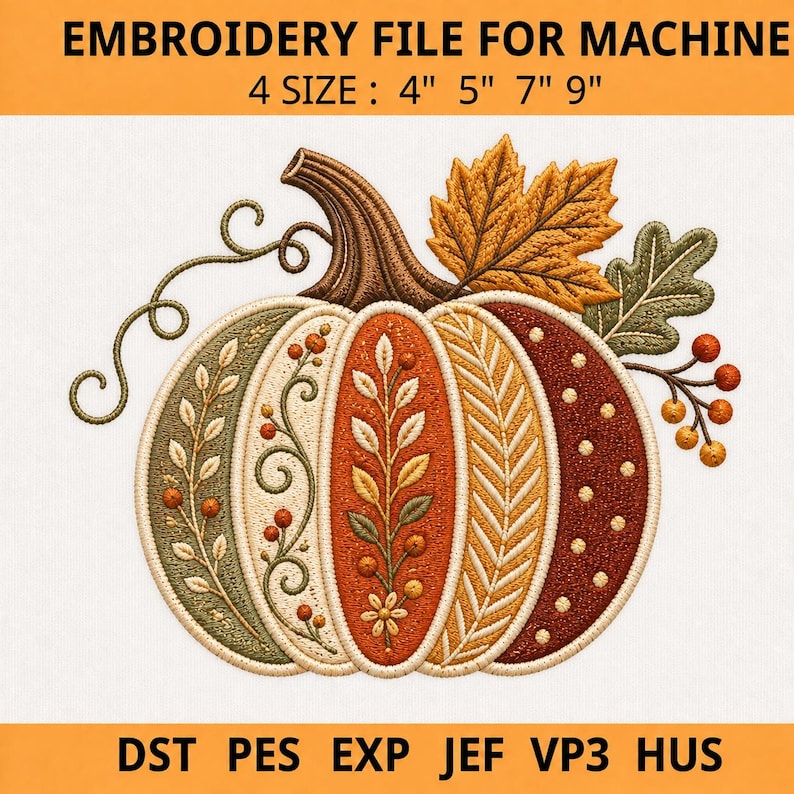 May include: An embroidery file design featuring a pumpkin with segments in green, cream, orange, and dark red, decorated with leaves, berries, and vines. Text reads: EMBROIDERY FILE FOR MACHINE, 4 SIZE : 4" 5" 7" 9", DST PES EXP JEF VP3 HUS.