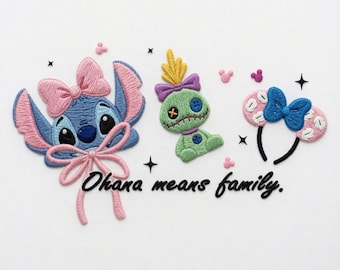 Embroidered Coquette Bows Ohana Means Family File, Disney Stitch, Lilo & Stitch, Disney Trip, Walt Disney World, Disneyland, Family Trip