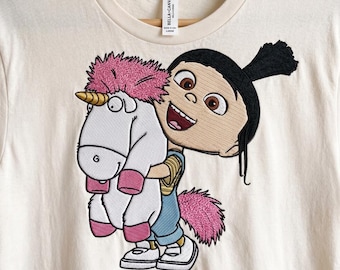 Diseño de bordado a máquina de unicornio esponjoso de Agnes, linda camiseta de niña de dibujos animados, camiseta de Mi villano favorito, viaje a Disneyland, Walt Disney